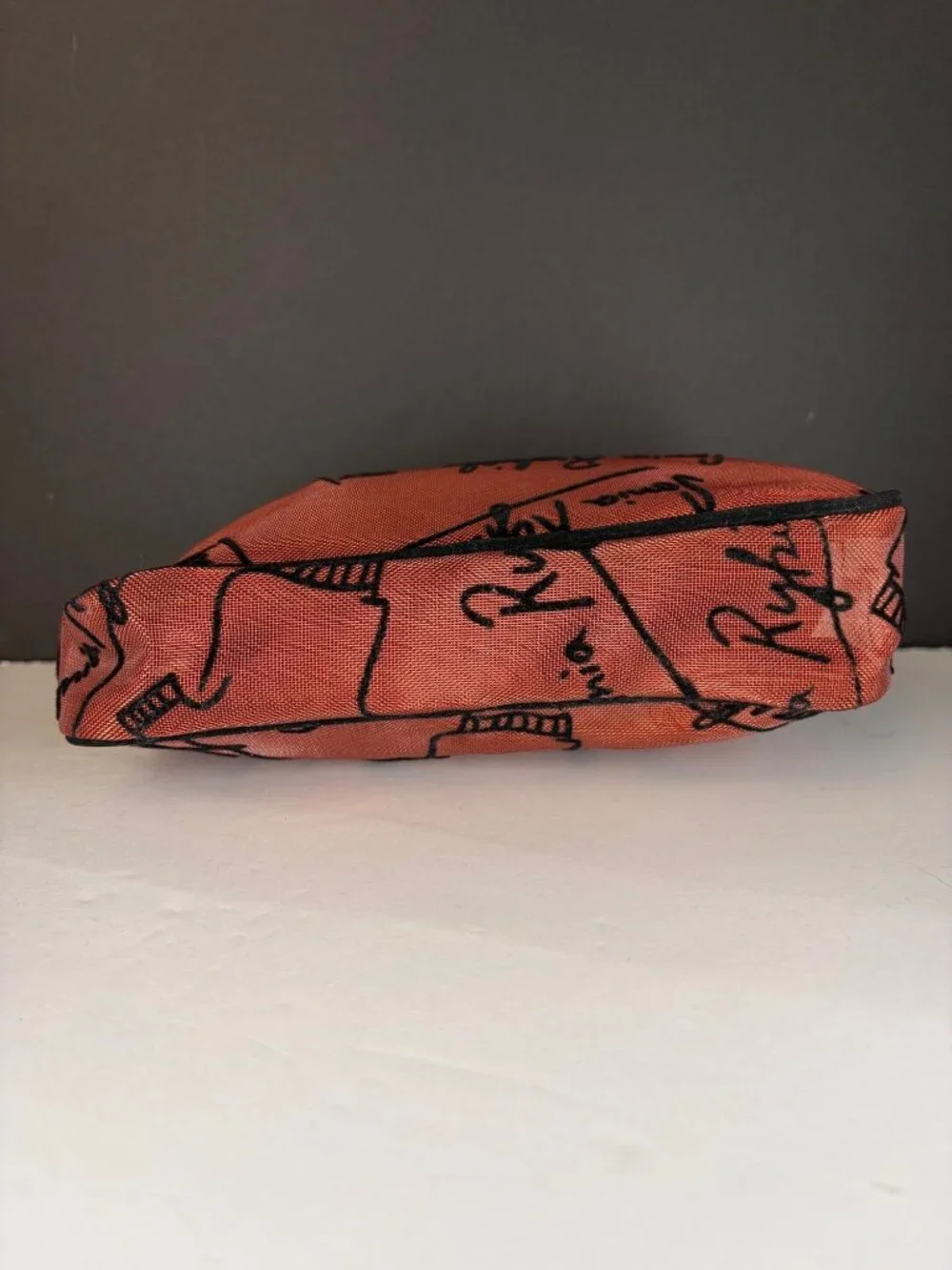 Sonia Rykiel Paris Orange Mesh Cosmetic Bag Makeup Pouch Script Sweater Print